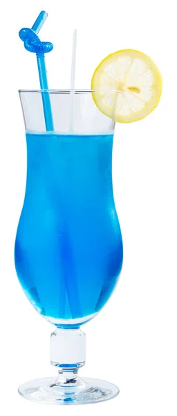 Blauer Lagunenalkoholcocktail Mit Zitrone Und Eis Einem Hohen Glas Seitenansicht — Stockfoto