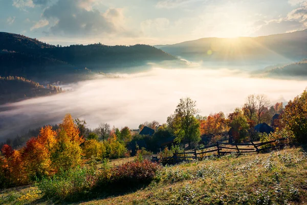 美丽的日出在山上 果园附近的村庄在山边 落叶树 浓雾在山谷上空升起 — 图库照片