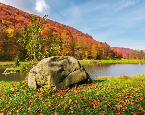 Pedra Margem Lago Cenário Lindo Outono Parque Colinas Arborizadas Cores — Fotografia de Stock