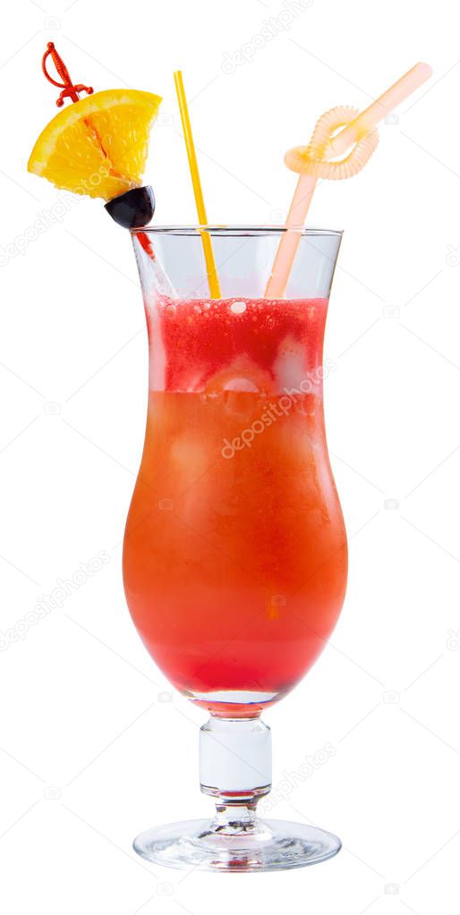 Hurricane alcohol cocktail with lemon and olive in a tall glass. side view isolated on a white background