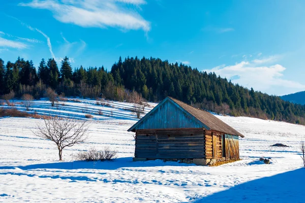 Fienile Abbandonato Nelle Montagne Dei Carpazi Bel Tempo Invernale Soleggiato — Foto Stock