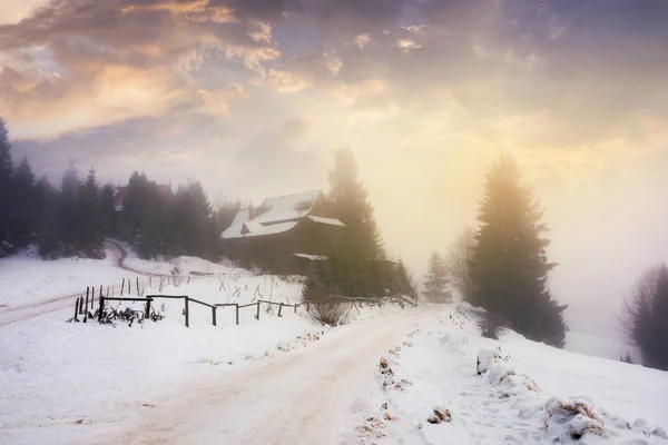 Karpackiej Wsi Mglisty Zimowy Wschód Słońca Wspaniałe Krajobrazy Wiejskie Wspaniałą — Zdjęcie stockowe