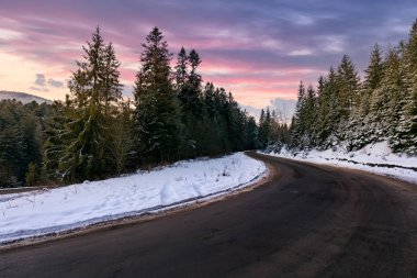 Serpentine koş karlı çam ormanı na gece karanlığında. güzel kış manzarası muhteşem mor gökyüzü ile dağlarda