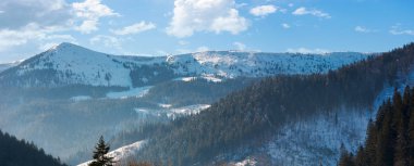 Panorama dağ sırtı ve ormanlık tepeleri. güzel kış manzarası