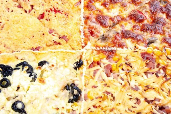 四重系列比萨饼特写镜头 猪肉和玉米 在不同种类的奶酪 找到你最喜欢的 — 图库照片