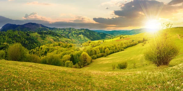 Panorama Countryside Mountain Sunset Beautiful Landscape Springtime — Stock Photo, Image