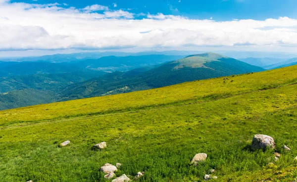 夏天的山景 草地上的岩石 遥远的山脊下多云的天空 喀尔巴泰山美丽生动的风景 — 图库照片