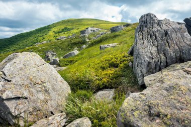 kayaların arasında çimen dağlarında. kayalar aracılığıyla uzak Hill görüntüleyin. güzel manzara yaz öğleden sonra. bulutlu gökyüzü