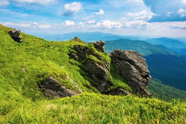 çimenli bir yamaç kayalık uçurum. güzel sahne Dağları'nda. büyük ridge uzakta. Harika yaz hava