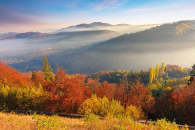 gün doğumunda dağlarda sisli sonbahar manzarası