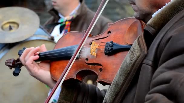 ウジゴル ウクライナ 2018 民俗建築と生活の博物館で祝うヴァシリア祭り ティアチブ地方の代表者がバイオリンを演奏し — ストック動画