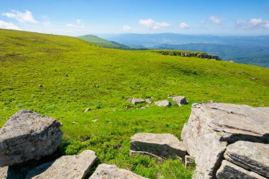 Yaz manzarasında bir dağ çayırı. Kabarık bulutlu mavi gökyüzü. Güneşli bir günde güzel bir yaz manzarası. Çimlerin arasındaki yamaçta kayalar. uzaklığa bak