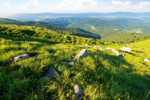 Rad Stora Stenar Gräsbevuxen Kulle Karpaternas Vackra Sommarlandskap Moln Den — Stockfoto