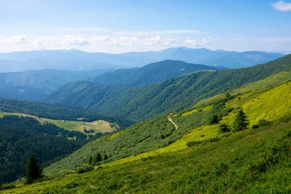 夏の山の風景 緑の丘の距離に転がり込む 谷の上の青い空にふわふわの雲 晴れた日には — ストック写真