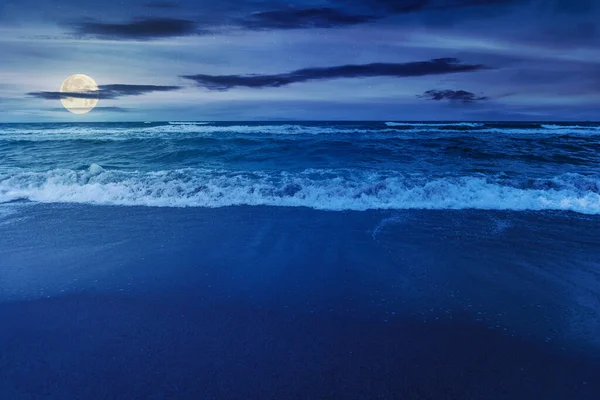 Strand Zee Een Bewolkte Nacht Prachtig Uitzicht Golven Rollend Kust — Stockfoto
