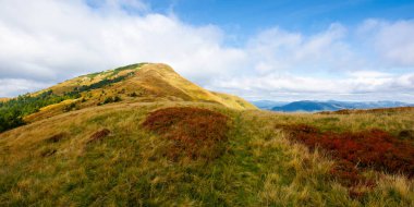 Sonbaharda yıpranmış çimlerde çayırlık alp. Dağlardaki güzel doğa manzarası. Uzakta dik bir zirve. Ufukta tepe var. Bulutlu gökyüzü ile benekli ışıkta renkli manzara