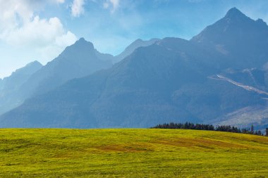 Kırsal yaz manzarası. Slovakya 'daki uzak yüksek Tatra dağ sırtına doğru ilerleyen kırsal alanlar. Güneşli bir günde harika bir manzara.