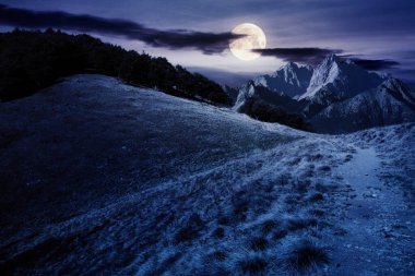 Geceleri dağların birleşik manzarası. Çayır boyunca yol. Dolunay ışığında uzak Tatra sırtı. Tepedeki kayın ormanı. gizem ve büyücülük kavramı