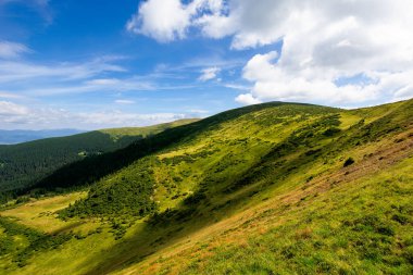 Yaz dağlarının tepeleri ve vadisi. Mavi gökyüzünde bulutlu güneşli bir hava. Benekli ışıkta güzel bir kornohora tepesi manzarası.