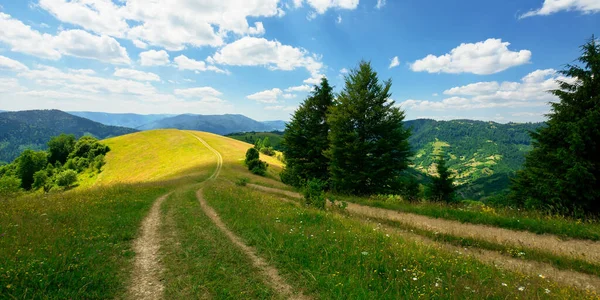 夏の日の田園風景です 草原や丘陵地帯の未舗装道路です 青空に浮かぶふわふわの雲山岳地帯の美しい景色 — ストック写真