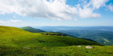 Çimenli alp çayırındaki kayalıklı çayır. Yazın güneşli ve harika bir günde dağ manzarası. Uzaktaki tepenin üstündeki mavi gökyüzünde bulutlar