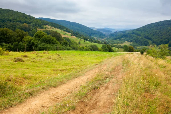 Landweg Door Het Platteland Voorstedelijk Zomerlandschap Bergen Dorp Verre Vallei — Stockfoto