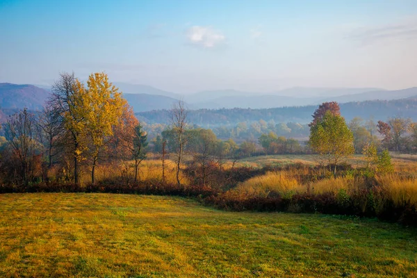 Dağlık kırsal bölgede sisli bir sabah. Kırsal alan sonbahar renklerinde. Sonbahar renklerinde ağaçlar. Gökyüzünün altındaki uzak dağlar Sabah ışığında bulutlarla