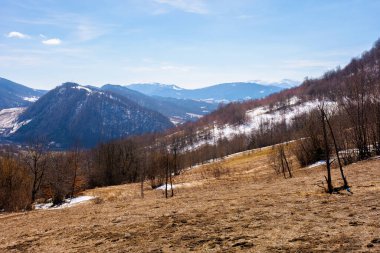 İlkbaharın başlarında dağlık bir kırsal. Yamaçta kuru otlar ve yapraksız ağaçlar. uzak vadi ve yamaçlarda kar