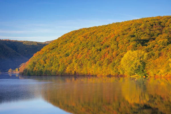 Lago Montaña Entre Bosque Árboles Follaje Colorido Hermoso Paisaje Una — Foto de Stock