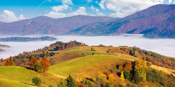 Morgonlandskap Bergen Vacker Natur Landsbygden Höstsäsongen Avlägsen Dal Full Dimma — Stockfoto