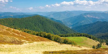 Güneşli bir sonbahar gününde dağ çayırı. Tepedeki kuru otlar. Dağ sırası ufka doğru ilerliyor. Mavi gökyüzünde öğleden sonra kabarık bulutlar