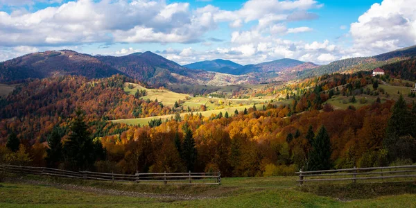 Bergslandskap Hösten Vacker Natur Med Skogsklädda Böljande Kullar Höstfärger Karpaternas — Stockfoto
