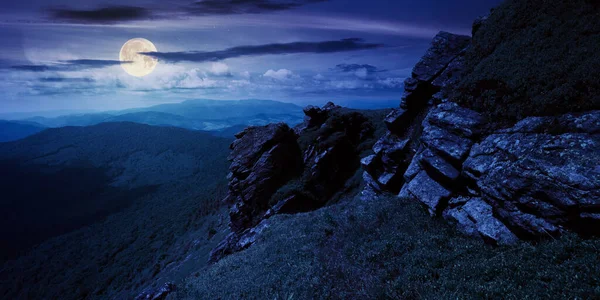 Rock Grassy Slope Night Summer Landscape Mountains Full Moon Light — Stock Photo, Image