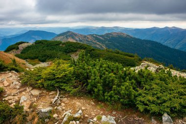 Bir dağın tepesinden manzara. Bulutlu sonbahar manzarası. Vadinin arkasındaki sıradağlarda. Renkli manzarada dramatik hava
