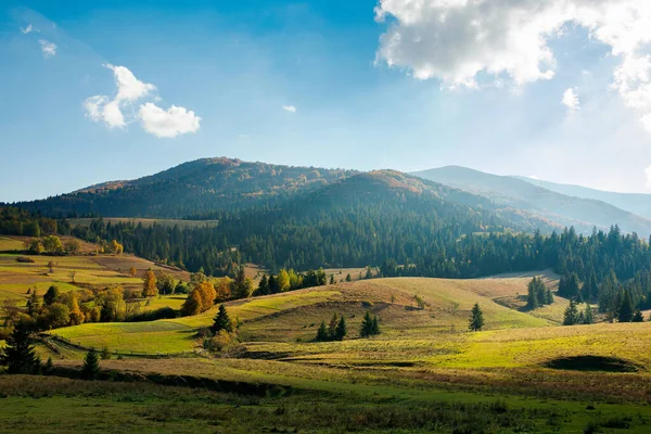 mountainous rural landscape in autumn season. trees and fields on rolling hills. beautiful countryside afternoon scenery on a sunny day