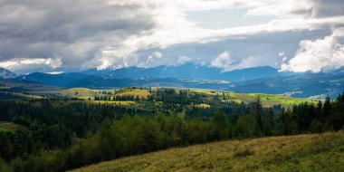 Dağlık kırların güzel manzarası. Tepelerin üstündeki bulutlar uzak vadiye doğru yuvarlanıyor. Noktalı ışıkta karpatya manzarası. dramatik hava koşulları. 