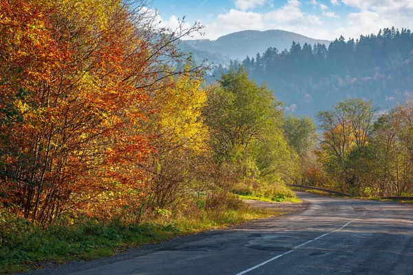 山の中の古いアスファルトの道路 晴れた日の美しい秋の景色 カラフルな葉の木 週末のコンセプトで田舎を旅し — ストック写真