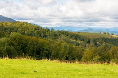 Karpatya dağ manzarası benekli ışıkta. Alp ortamı. Sonbaharın başlarında doğa. Çimenli tepedeki yaprak döken orman. Uzaktaki havza sırtı. bulutlu gökyüzü