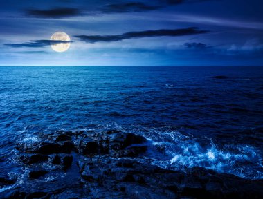 Geceleri kayalar ve kayalar olan deniz kıyıları. Deniz kıyısında sakin bir yaz tatili geçmişi. Dolunay ışığında deniz kenarında dinlenmek ve rahatlamak için harika bir sahne.