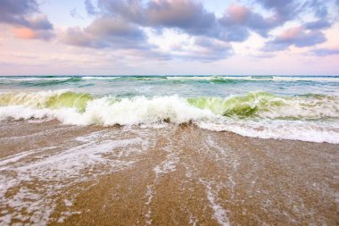 Fırtınadan önce deniz gelgiti. Islak kumsalda köpüklü dalgalar. Kadife mevsiminde rüzgarlı bir hava. dramatik deniz manzarası arkaplanı