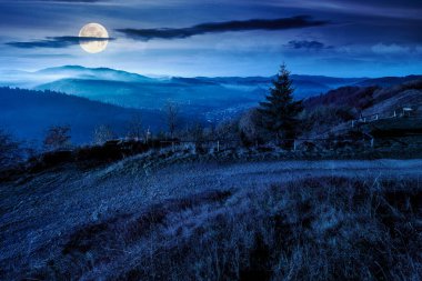 Geceleri dağdan sisli vadiye manzara. Güzel sonbahar manzarası. Dolunay ışığında ormanlık tepeler. resimli dağlık kırsal alan manzarası