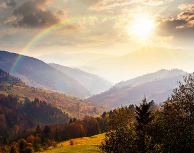 Gün batımında Karpat dağlarında güzel bir öğleden sonra. Manzaralı sonbahar havası. Renkli yeşillikler içinde orman. Sis ve akşam ışığında uzak vadi