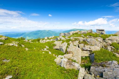 Yazın harika bir dağ manzarası. Tepelerdeki çimlerin arasında kayalar ve öğlen vakti kabarık bulutlarla mavi gökyüzünün altında yamaçlar. Alp ortamının manzaralı görüntüsü