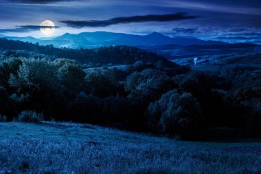 Eylül gecesinde kırsal alan. Vadideki köy ve orman tepelerindeki kırsal araziler dolunay ışığında. Uzakta yüksek zirvesi olan dağ sırtı