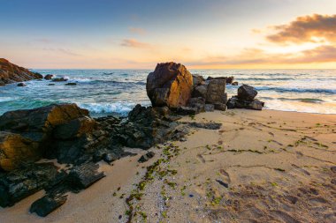 Yazın gün doğumunda deniz kenarındaki manzara. Turuncu ışıkta sakin dalgalarla yıkanan kayalarla dolu güzel bir sahil. Mavi gökyüzünün altında bulutlarla birlikte ufuk çizgisine bak. Rahatlamak ve rahatlamak için manzaralı seyahat yeri