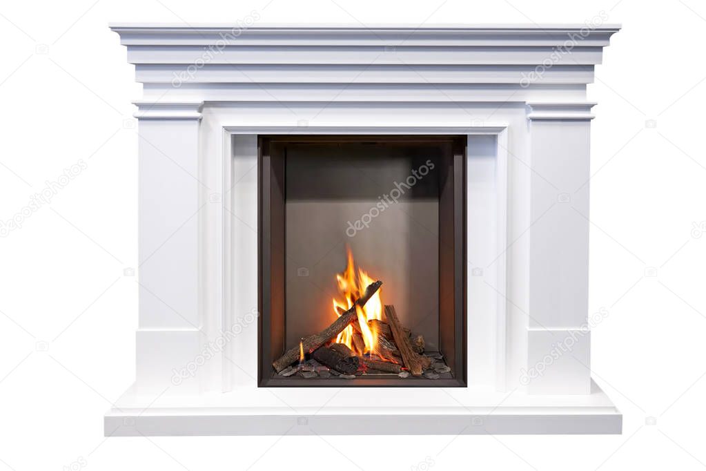 White Marble fireplace in action isolated on white background.