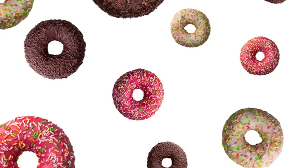 Donuts Saborosos Movimento Caindo Sobre Fundo Branco Close — Fotografia de Stock