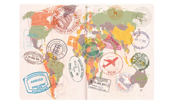 Passaporte Aberto Com Vistos Selos Selos Mapa Mundo Viagens Turismo — Fotografia de Stock