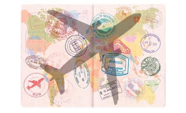 Σιλουέτα Του Ένα Επιβατικό Αεροπλάνο Στο Διαβατήριο Παγκόσμιος Χάρτης Έννοια — Φωτογραφία Αρχείου