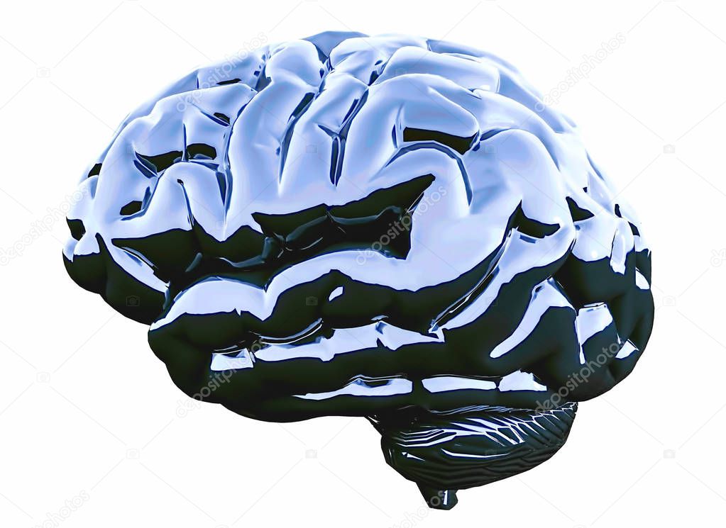 Blue glossy brain on white background. 3D illustration.